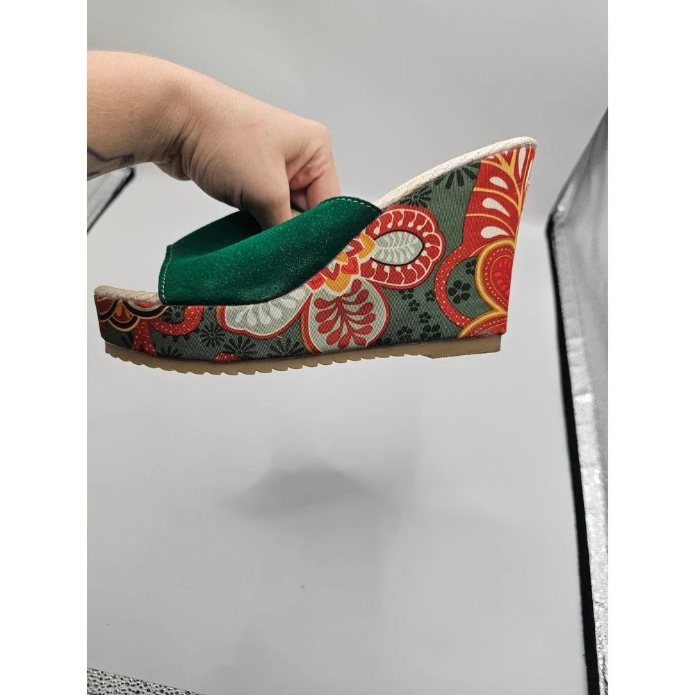 Green Floral Paisley Wedge Sandals Boho Platform Slide Mules Womens 39
